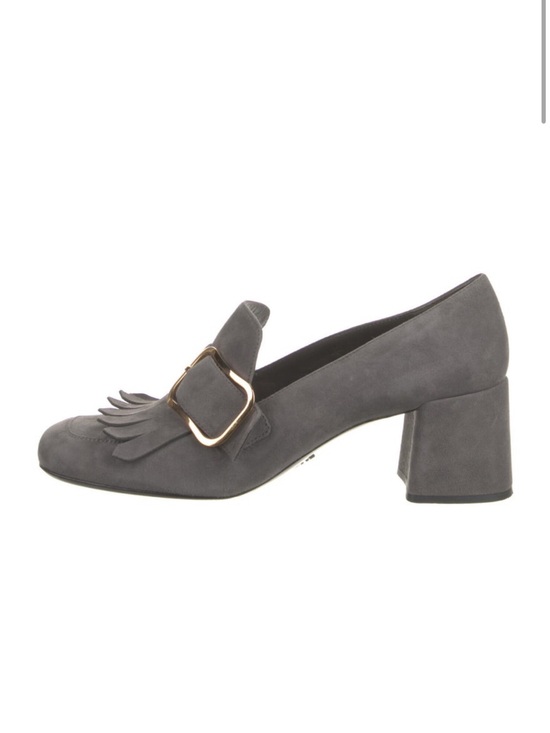 Prada Shoes - Prada Gray Suede Loafer with Fringe and Gold Buckle Heel
